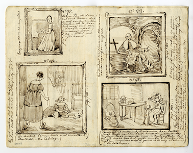 135548 Afbeelding van vier schilderijen met geschreven commentaar.